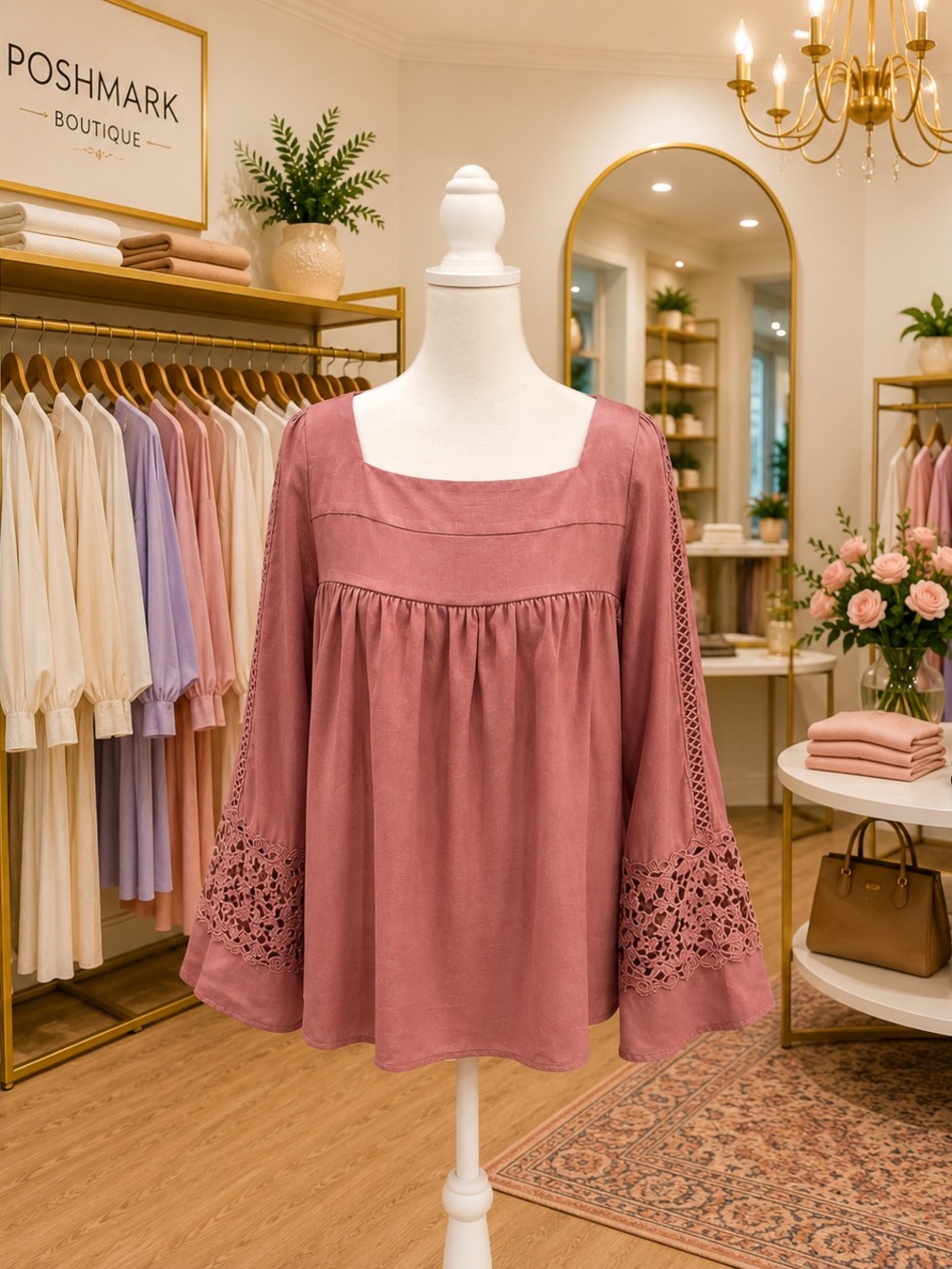Listicle Pink Lace Bell Sleeve Blouse Boho Medium